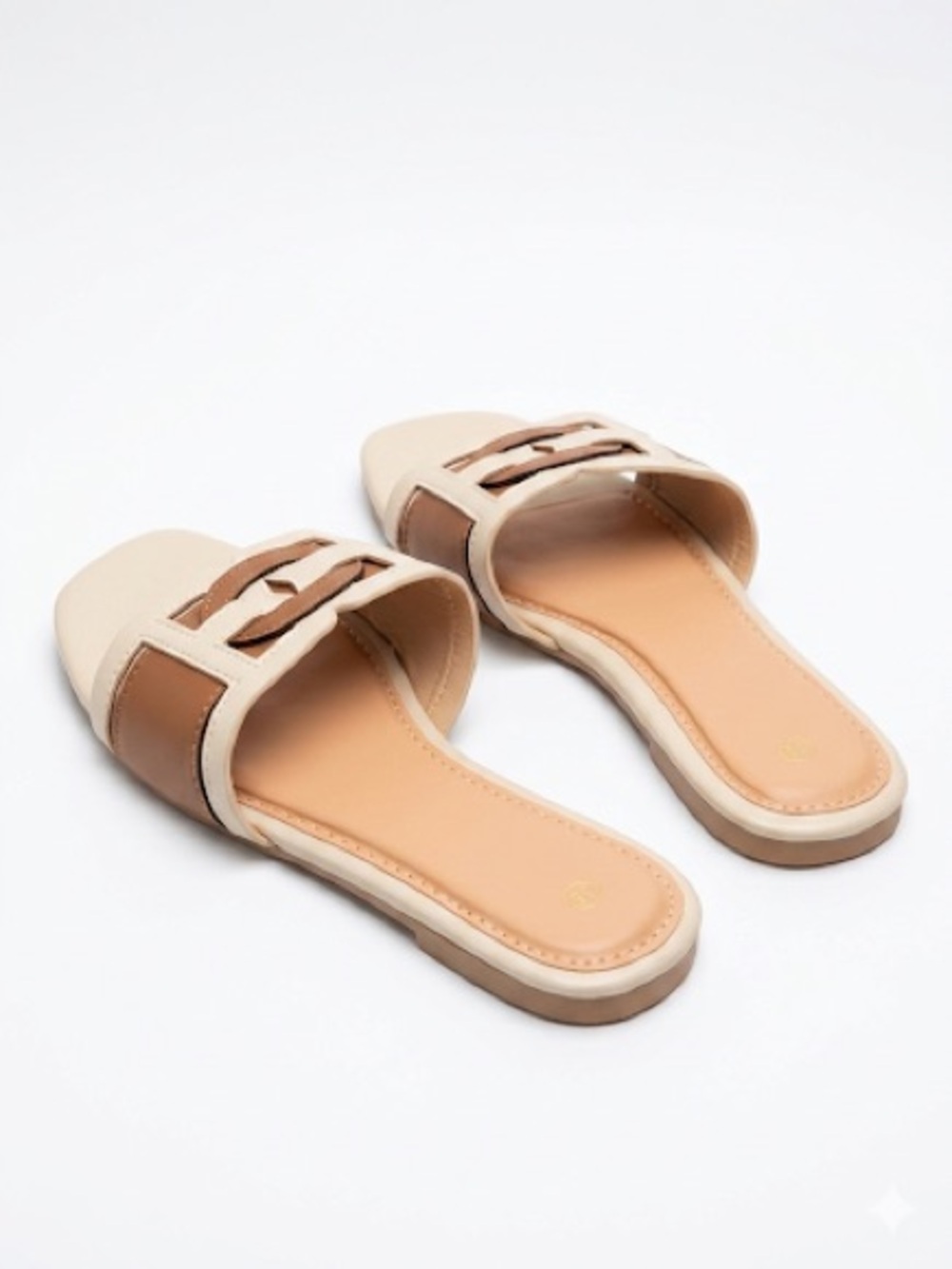 Two-Tone Beige and Brown Slide Mules